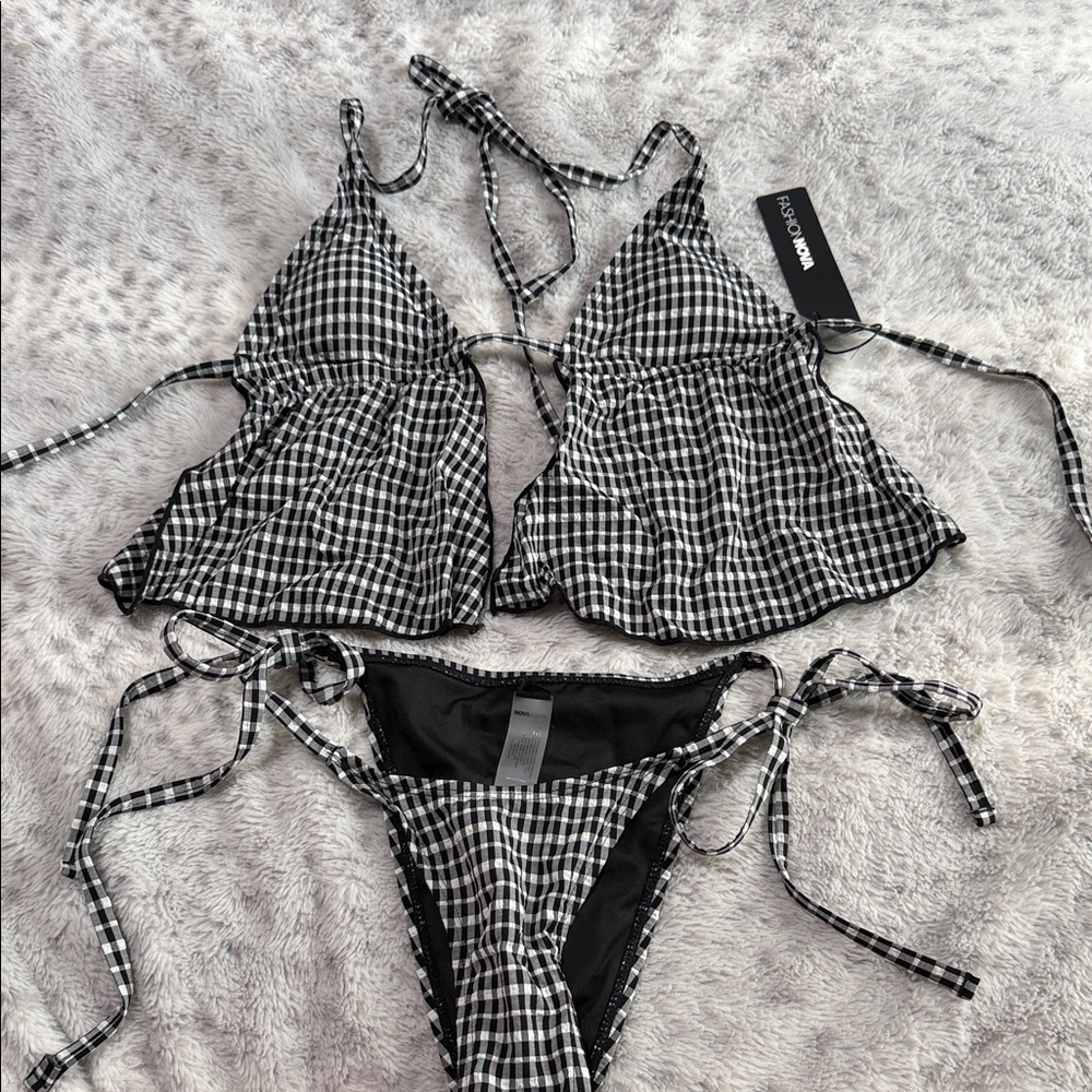 Fashion Nova Black & White Gingham Tie Bikini Set
